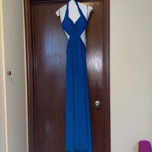 Dark blue beautiful long prom dress with open back